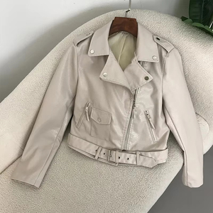 Blouson moto en cuir PU pour homme, court, style motard, avec fermeture éclair, col rabattable, ceinture et rivets, coupe-vent - Product Image 2