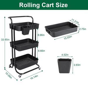 Carrito de Almacenamiento Rodante de 3 Niveles con Ruedas Bloqueables y Ganchos Giratorios de 360 Grados, Cestas de Malla Organizadoras - Product Image 6