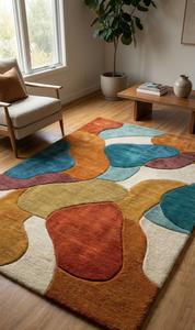 Modern Abstract Block Patchwork Wool Anti-Slip Medium Pile Cotton Canvas Backing Soft Tufted Terracotta Blue Mustard Area <b>Rug</b> - Product Image 4