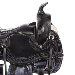 อานม้าหนังสีดำแบบตะวันตก ตกแต่งด้วยลายสลักมือ พร้อมที่วางเท้า สำหรับขี่ม้าแบบเทรล - Product Image 3