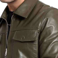 Veste en cuir de vache véritable pour homme, style décontracté, col montant, fermeture éclair, vert olive, coupe classique, vêtement d'hiver coupe-vent