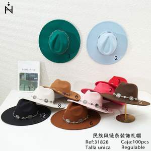 Chapeau en feutre de laine de style ethnique avec décor en chaîne, taille unique réglable pour toutes les saisons - Product Image 2