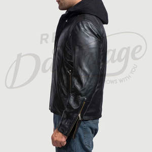 Veste de motard à capuche en cuir véritable noir de qualité supérieure pour hommes, coupe ajustée, capuche amovible, manteau décontracté pour la conduite de moto, streetwear - Product Image 4