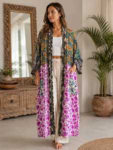 Robe kimono en crêpe de soie patchwork bohème pour femme, imprimé cachemire, paréo de plage léger, cardigan bohème, tenue de villégiature - Product Image 5
