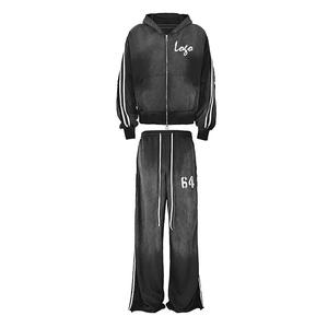 Oversized Wide Leg Sweatpants and Zip up Hoodie Set Faded Acid Washed <b>Tracksuit</b> - Product Image 2
