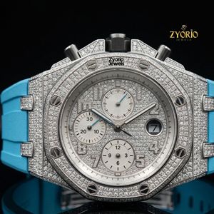 Luxury Iced Out Moissanite <b>Chronograph</b> Watch Full Stone Set Bezel Case Silver Tone Dial Blue Rubber Strap <b>Automatic</b> Mechanical - Product Image 2