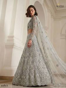 Women's Traditional Champagne Silver Butterfly Net Floor-Length Lehenga Choli Dupatta Banglori Silk Inner Embroidered <b>Wedding</b> - Product Image 3