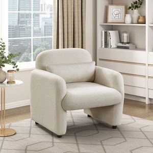Poltrona Contemporanea 1 Pezzo per Soggiorno Accogliente, Rivestimento in Tessuto Bouclé Beige, Struttura in Compensato, Cuscino Incluso - Product Image 1