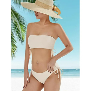 Conjunto de Bikini de Dos Piezas para Mujer, sin Tirantes, Acanalado, con Lazos Laterales, Color Sólido, Logotipo Frontal, Alta Elasticidad, Top y Braguita - Product Image 3