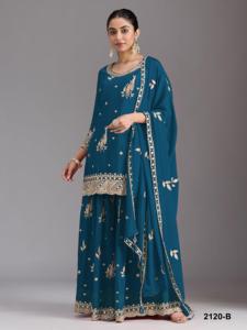 Conjunto de Top, Pantalón Palazzo y Dupatta de Seda Chinon Pesada con Bordado de Lentejuelas, Traje Pakistaní de Alta Costura - Product Image 3