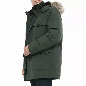 Parka à capuche pour homme, couleur unie, longueur standard, en coton respirant, fermeture éclair, vêtement d'extérieur décontracté, garniture en fourrure épaisse - Product Image 4