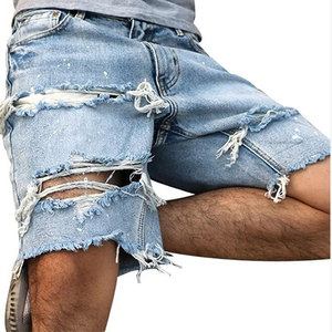 Shorts Bermuda en jean déchiré bleu clair pour homme, taille mi-haute, couleur unie, fermeture boutonnée, style décontracté, tissu en coton tissé - Product Image 3