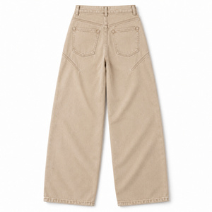 <b>Women</b> High Waist <b>Baggy</b> Straight Leg Woven Denim <b>Jeans</b> with Chevron Hip Panels-Stonewashed Sand Beige Casual Winter Style - Product Image 2
