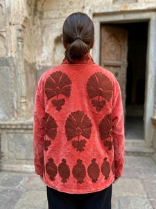 <b>Womens</b> Orange <b>Velvet</b> Embroidered <b>Jacket</b> with Geometric Floral Pattern Stand Collar Long Sleeve - Product Image 4