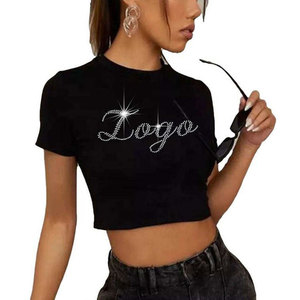 Women's Black Crop <b>Top</b> <b>Rhinestone</b> Logo Streetwear Short Sleeve Crew Neck Knitted T-Shirt Spring Summer Wear - Product Image 4