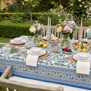 Rukhsana Blue Open Hand Block Printed Cotton <b>Tablecloth</b> 180x270cm Handmade Designer Premium Dining Table Home Decor Gift - Product Image 3
