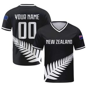 Camiseta de fútbol y rugby para hombre, cuello en V, manga corta, transpirable, sublimada, con nombre y número personalizados, diseño de hoja de helecho en blanco y negro - Product Image 3