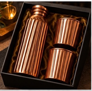 Traditional Modern Copper Water Bottle <b>Flask</b> Set with <b>2</b> Engraved <b>Cups</b> in Gift Box Tree Leaf Cutout Design - Product Image 2