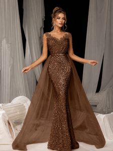 Abito da sera di lusso a sirena marrone <span class=keywords><strong>con</strong></span> paillettes, da donna, a maniche lunghe, <span class=keywords><strong>con</strong></span> mantello in <span class=keywords><strong>tulle</strong></span>, abito formale da ballo personalizzato - Product Image 1