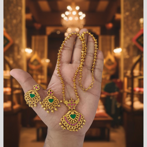 Traditional Matte Pota Stone and <b>Pearl</b> Long Necklace <b>Set</b>-Fashion <b>Jewelry</b> - Product Image 3