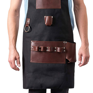 Unisex Black Twill Chef Uniform Bib Apron with Brown Leather Pockets <b>Adjustable</b> <b>Straps</b> for Restaurant & Bar Use - Product Image 3