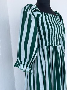 Women Green <b>White</b> Striped Cotton <b>Maxi</b> <b>Dress</b> Smocked Square Neck Ruffle Sleeve Boho <b>Summer</b> <b>Dress</b> Wholesale Ladies <b>Dresses</b> - Product Image 4