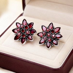 Vintage Flower <b>Stud</b> <b>Earrings</b> Red <b>Crystal</b> Rhinestone Marquise Cut Antique Silver Plated Women's Party Jewelry - Product Image 1