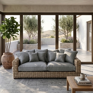 Sofá Saint Martinez de Madera de Caoba con Tejido de Ratán Kuboo Gris y Tela Gris, Sofás de Gran Tamaño, Muebles de Patio de Primera Calidad - Product Image 2