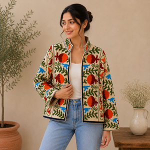 Chaqueta de Algodón Acolchada Bordada a Mano para Mujer, Estilo Bohemio Floral, Manga Larga, Informal, Vintage, Ligera, para Otoño e Invierno - Product Image 3
