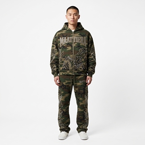 Men <b>Camouflage</b> Hoodie <b>Tracksuit</b> Rhinestone Embroidery Custom Streetwear Sportswear Matching Set OEM ODM Premium Fit - Product Image 6