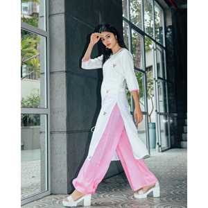 Traje de Rayón Blanco Transpirable Bordado a Mano con Tela Crepé Talla XS para Mujer - Product Image 4