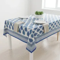 Nappe carrée en coton avec motif végétal bleu imprimé à la main, design minimaliste pour la décoration intérieure, lavable, tissage artisanal