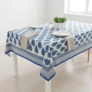 Nappe carrée en coton avec motif végétal bleu imprimé à la main, design minimaliste pour la décoration intérieure, lavable, tissage artisanal - Product Image 2