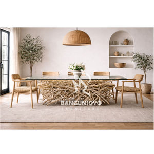 Juego de Comedor de Lujo con Mesa Cuadrada de Raíz de Teca para 6-8 Personas, Estructura de Madera Sólida, Diseño Moderno, Cubierta de Vidrio Templado, Muebles para Comedor - Product Image 2