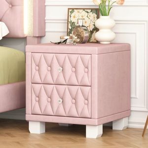 Elegante Comodino in Velluto Rosa con 2 Cassetti e Maniglia in Cristallo, Tavolino da Notte Trapuntato con Vano Portaoggetti - Product Image 1