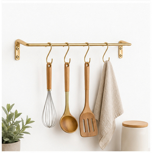 Modern Wall Mounted Kitchen Utensil Rack with S-<b>Hooks</b> Gold Pot and Pan Rail Organizer Space-Saving Multi-Purpose Metal Hanger - Product Image 1