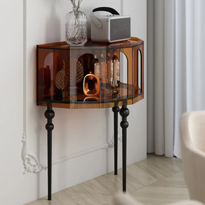 Contemporary Glass Side Table With Arched Panels Modern Living Room Furniture Black Legs Amber Finish - Product Image 2