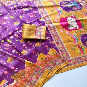 Sari en soie douce VASTRA COTTAGE, jacquard Jari, imprimé numérique Kalamkari, avec blouse à passepoil Doori - Product Image 3