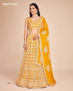 Magnifique ensemble Choli en Faux Georgette avec paillettes de 3 mm et sequins de 7 mm, couleur jaune moutarde évasée, à prix de gros - Product Image 2