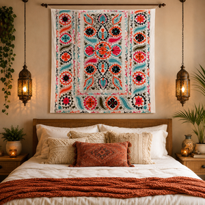 Couvre-lit en coton Suzani fait main de qualité supérieure, ivoire, multicolore, broderie florale paisley, style bohème, décoration ethnique indienne pour la maison - Product Image 2