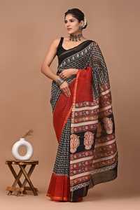 Sari en soie Chanderi pure imprimé à la main avec pièce de blouse – Sari élégant en soie Chanderi pure – Vêtement ethnique imprimé à la main - Product Image 2