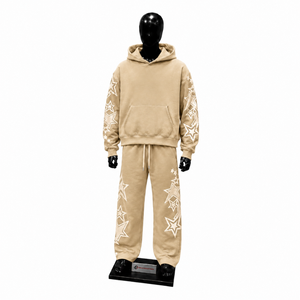 <b>Men</b>’s Beige Star Graphic Tracksuit Hoodie And Jogger <b>Set</b> Casual Streetwear Pullover Hooded Sweatshirt Matching Sweatpants Style - Product Image 1