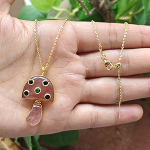 Natural Stone Cherry Quartz Mushroom Pendant <b>with</b> Tiny Cubic Zircon Inlaid 18k Gold Plated Brass Chain Women Jewelry Necklace - Product Image 4