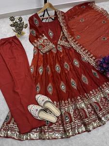 Conjunto de Salwar Kameez de Seda Bordada Color Marrón Indio, Vestido Anarkali con Dupatta, Ropa Étnica para Mujer, Traje de Fiesta y Boda - Product Image 3