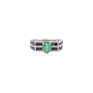Best Selling Oval Shape <b>Emerald</b> & Princess Cut Blue Sapphire Statement Fine 925 <b>Silver</b> Double Layer Unisex <b>Ring</b> - Product Image 1