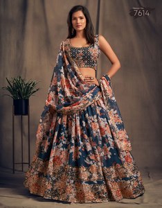 Floral Print Bridesmaid <b>Lehenga</b> Set Sleeveless Scoop Neck Blouseh Dupatta Floor-Length A-Line Chiffon Wedding Party Dress - Product Image 1