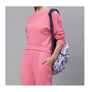 Conjunto Deportivo de Algodón Rosa para Mujer, Pantalones Largos con Bolsillos Laterales, Cuello Redondo, Corte Holgado, Ropa Casual de Otoño - Product Image 4