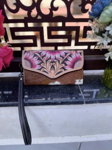 New Arrival Hand <b>Tooled</b> Carving Clutch Stylish <b>Leather</b> Pink Sun Flower Wallet Hair On Hide Multi Uses Western <b>Leather</b> Wallets - Product Image 5