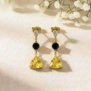 Lemon Quartz Trillion Cut & Black Obsidian Drop <b>Earrings</b> With CZ Accent Minimalist Stud <b>Dangle</b> Handmade 925 Sterling <b>Silver</b> - Product Image 4