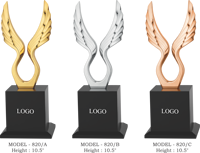 Trophée Ailé Thème Sportif Écologique Gravure UV Finition Or Argent Bronze Base Métallique 10,5 Pouces Placement du Logo